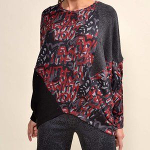 NWOT Asymmetric Hem Batwing Shirt/Tunic with Graffiti Print